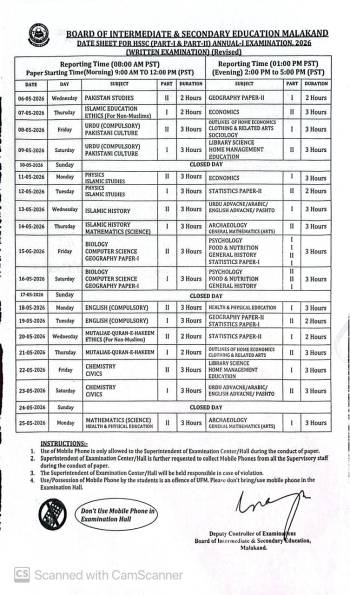 Date Sheet HSSC Annual-I 2026